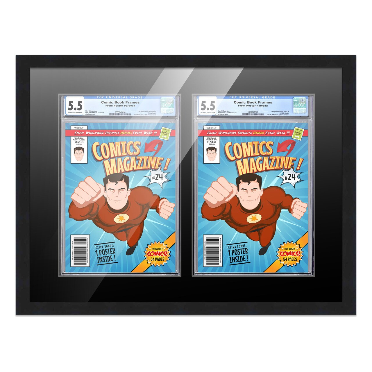 Comic Book Display Frame for CGC, PGX Graded, Slabed Comics - Black Wood Comic Frame With Black Mat for 8.125x13 Comics, 18 Frame Sizes